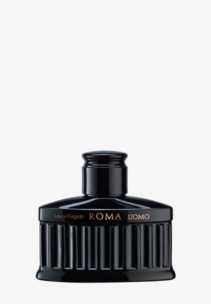 Black glossy bottle with vertical ridges and round cap labeled "Laura Biagiotti ROMA UOMO" for men's fragrance.