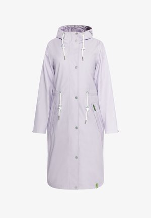 Világos levendula színű, vízálló kabát, kapuccsál, félhosszú, zsinóros, elöl zsebekkel és patent gombokkal. Sima, matt felület.