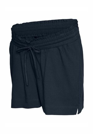 Pantalones cortos negros con cintura elástica, cordón ajustable y aberturas laterales, hechos de tela ligera, mostrados sobre fondo blanco.