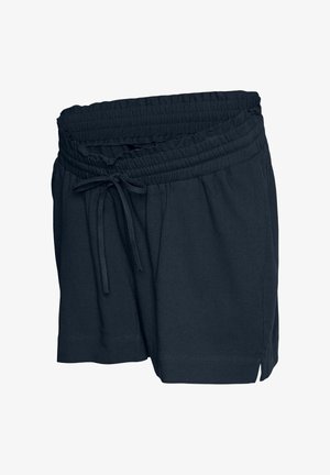 Zwarte shorts met elastische tailleband, trekkoord en zijslitten, gemaakt van lichtgewicht stof, getoond op een witte achtergrond.