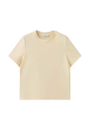 Tricou bej cu mâneci scurte și guler rotund, cu tiv drept, așezat plat pe un fundal alb.