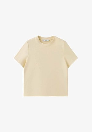 Tricou bej cu mâneci scurte și guler rotund, cu tiv drept, așezat plat pe un fundal alb.