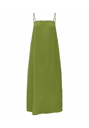 Zielona, bezrękawnikowa suknia maxi z cienkimi regulowanymi ramiączkami i teksturowaną tkaniną.