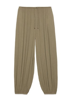 Jasnobrązowe spodnie o szerokich nogawkach z elastycznym pasem, wiązaniem na sznurek oraz marszczonymi mankietami przy kostkach.