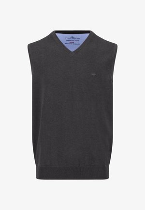 Dunkelgrauer ärmelloser V-Ausschnitt-Pullover aus Baumwolle mit geripptem Saum. Verfügt über ein dezentes Logo auf der Brust und eine glatte Strickstruktur.