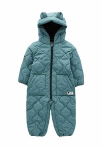 Combinaison de neige matelassée turquoise avec une capuche ornée d'oreilles, fermeture éclair et poches avant. Texture douce avec un motif de lignes courbes en relief.