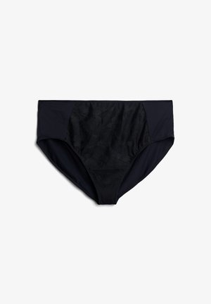 Mustat bikinit, joissa on sileää materiaalia ja kukkakuosiset paneelit keskiosassa, keskenousuinen muotoilu ja yksiväriset sivupaneelit.