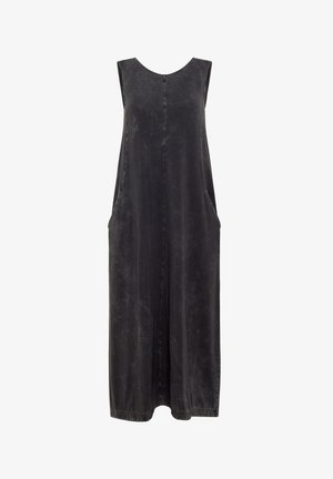 Black sleeveless dress made of soft fabric, featuring a round neckline, side pockets, and a loose, relaxed fit, with subtle texture.
