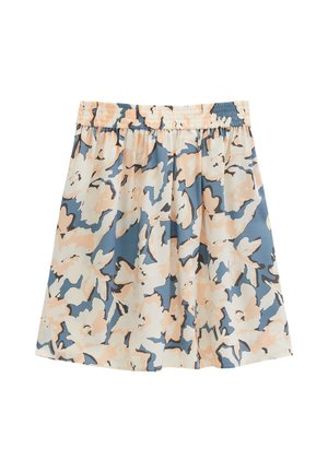 Une jupe longueur genou avec une ceinture élastique présentant un grand motif floral abstrait dans des tons beige, bleu et blanc.