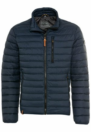Padded navy jacket featuring a high collar, zip front, chest pocket, and leather accents. Smooth texture, quilted design, and elastic cuffs.
