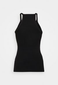 Černý bezramínkový top bez rukávů vyrobený z ribbované látky. Má obtáhlý střih s úzkými ramínky a kulatým výstřihem.