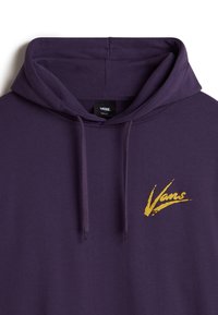 Sweat à capuche violet foncé avec cordon de serrage à l'avant et logo Vans jaune sur la poitrine gauche.