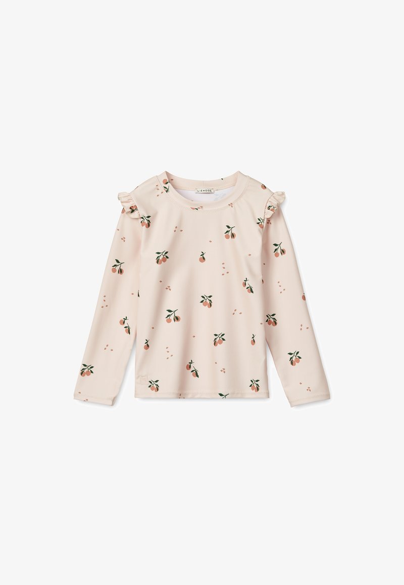 Light pink long-sleeve shirt with small fruit and leaf pattern, featuring ruffled shoulder accents and a round neckline.