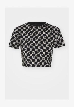 Tricou scurt, cu mânecă scurtă și croială scurtă, de culoare neagră, cu un model geometric alb, având decolteu rotund și textură moale.