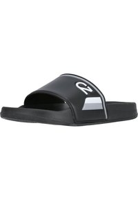 Sorte slidesandaler med åben tå-design, lavet af syntetisk materiale, med et fremtrædende logo og grå accentstriber.