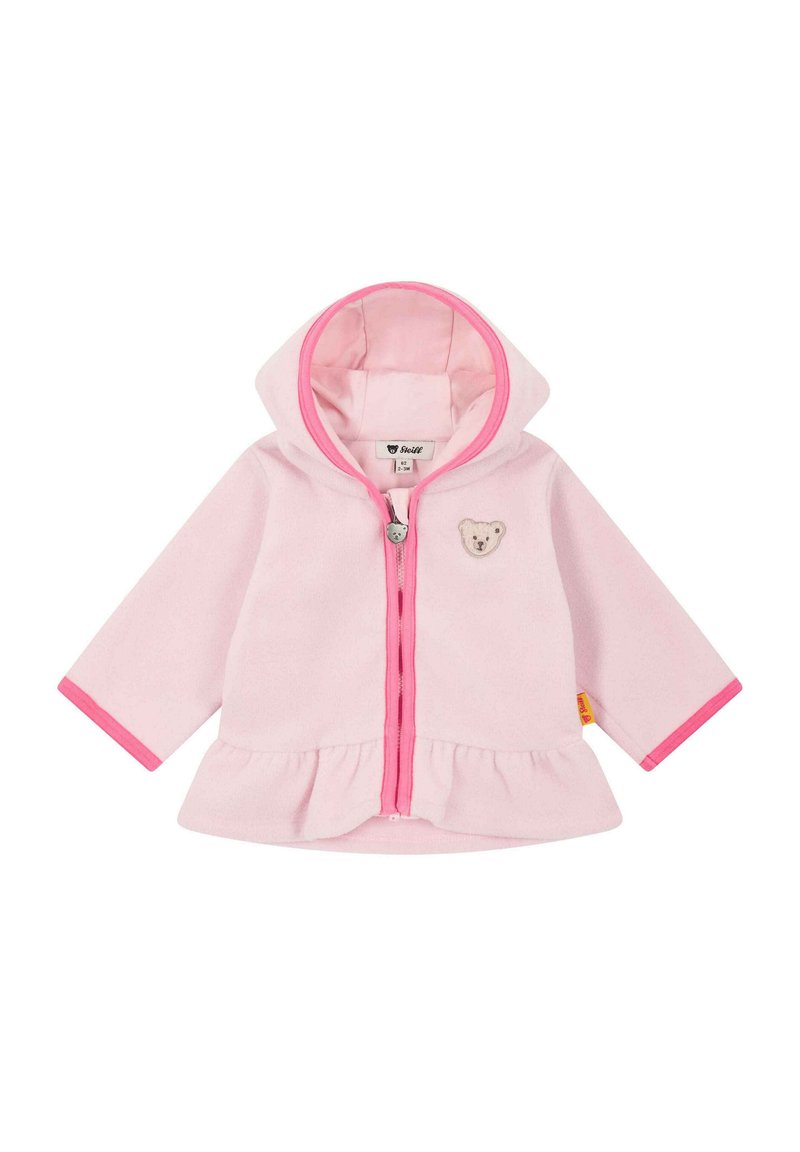 Rosa Fleecejacke mit Kapuze, vorderem Reißverschluss, gerafftem Saum und rosa Akzenten. Mit einem Teddybären-Applikation auf der Brust.