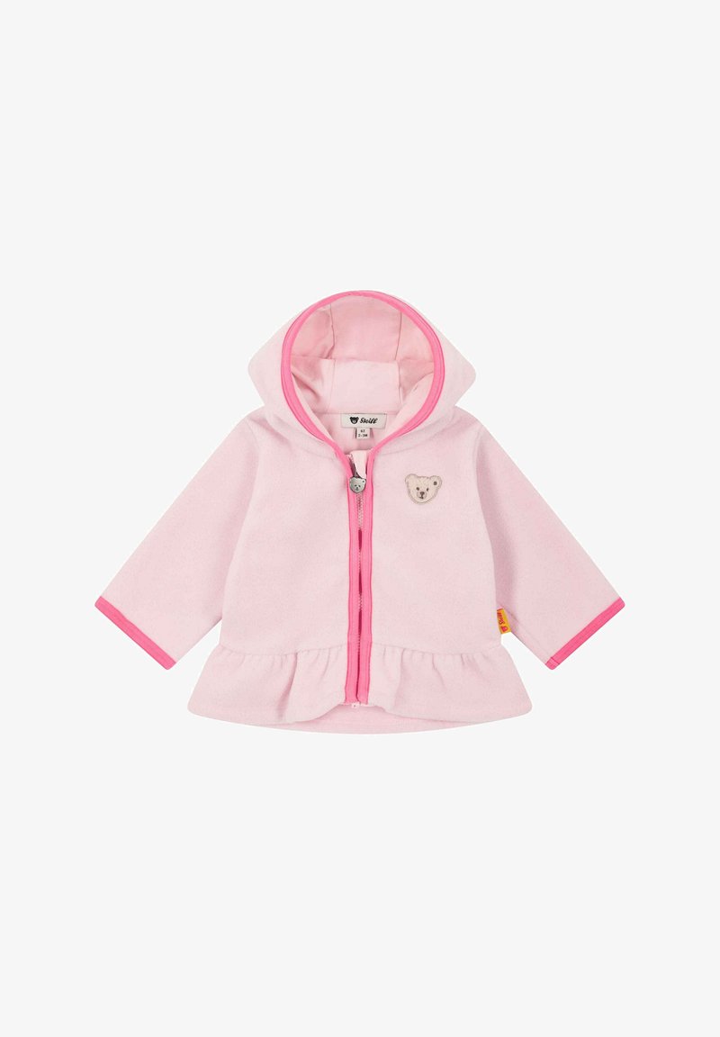 Rosa Fleecejacke mit Kapuze, vorderem Reißverschluss, gerafftem Saum und rosa Akzenten. Mit einem Teddybären-Applikation auf der Brust.