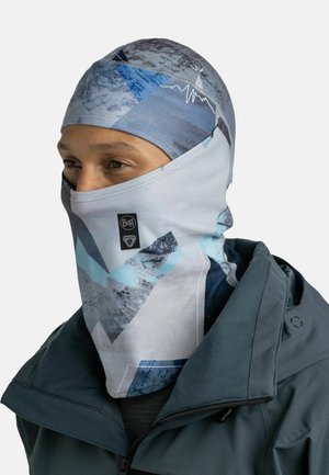 Multi-functional neck gaiter in blue tones with mountain patterns, made of soft, stretchy fabric, featuring a logo tag.