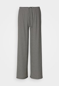 Calças de pijama em preto e branco com um corte largo, cinturilha elástica e cordão. Tecido macio com riscas verticais para um look descontraído.