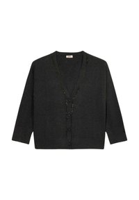 Mörkgrå knapp-up kavaj med trekvartslång ärm och subtila paljettdetaljer längs V-halslinjen och frontkanterna.