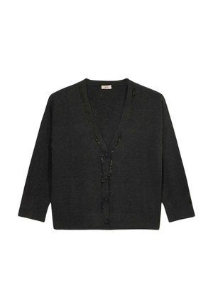 Donkergrijze button-up cardigan met driekwartmouwen en subtiele paillettenversiering langs de V-hals en de voorranden.