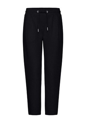 Pantalon noir fuselé avec taille élastique, cordon de serrage noir avec œillets et embouts argentés, plis avant et poches latérales.