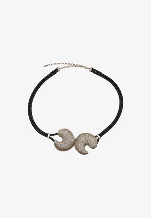 Collana nera intrecciata con due accenti a spirale in argento con dettagli testurizzati, chiusa con piccoli ganci metallici.