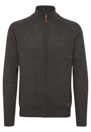 Dark grey zip-up sweater with a high collar, ribbed cuffs, and hem. Features a smooth texture and a small leather logo patch.