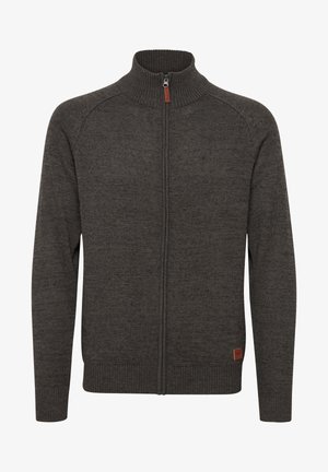 Dark grey zip-up sweater with a high collar, ribbed cuffs, and hem. Features a smooth texture and a small leather logo patch.