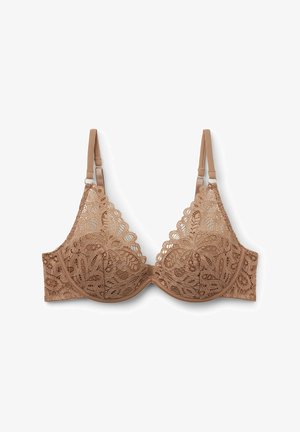 Soutien-gorge en dentelle de couleur beige avec des motifs floraux, avec armatures, bretelles ajustables et bords festonnés. Conçu avec un dos en satin lisse.