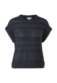 Haut en maille bleu marine à manches courtes, avec motif à rayures et bandes texturées. Encolure et ourlet côtelés.