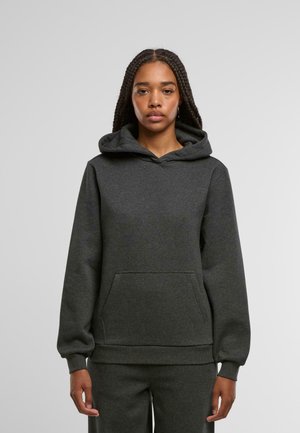 Hanorac gri din material moale, cu buzunar frontal, glugă ajustabilă cu șnur și manșete și tiv din material rib. Textură netedă și croială lejeră.