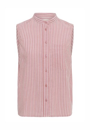 Blouse rose sans manches avec des rayures verticales blanches, col mandarin, devant boutonné et une poche poitrine unique.