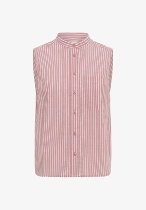 Mouwloze roze blouse met witte verticale strepen, mandarijnkraag, knoopsluiting aan de voorkant en een enkele borstzak.