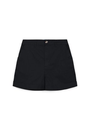 Shorts en coton noir à coupe droite, avec une fermeture à bouton, deux poches latérales et des ourlets retroussés. Texture lisse et design classique.