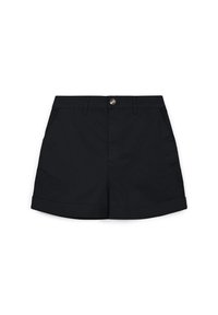 Pantaloni corti neri in cotone con chiusura a bottone, dotati di due tasche laterali, orlo arrotolato e una texture liscia.