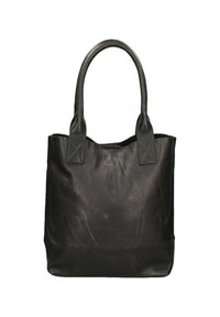 Zwart leren tote bag met twee stevige handvatten, voorzien van een textuur en contrasterende stiksels op de bevestigingen van de handvatten.