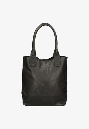 Zwart leren tote bag met twee stevige handvatten, voorzien van een textuur en contrasterende stiksels op de bevestigingen van de handvatten.