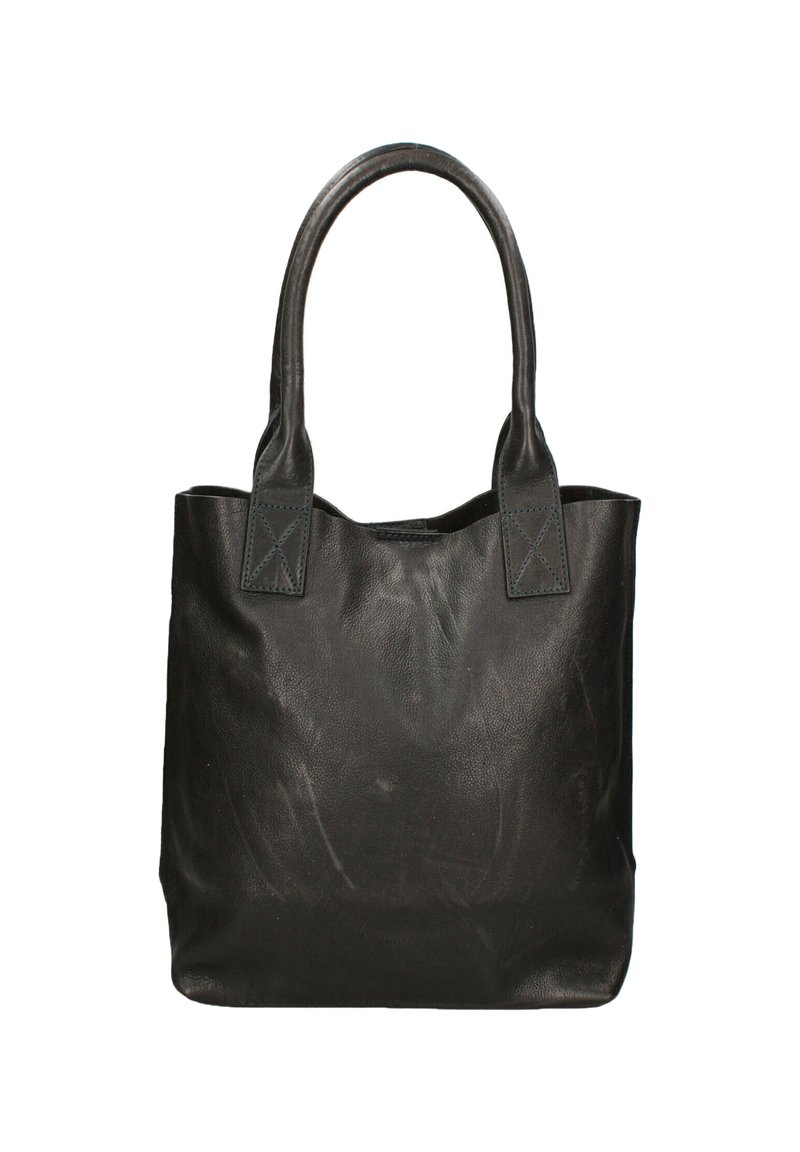 Zwart leren tote bag met twee stevige handvatten, voorzien van een textuur en contrasterende stiksels op de bevestigingen van de handvatten.