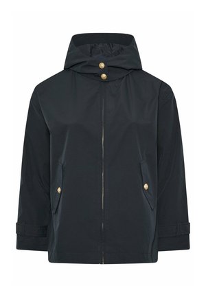 Giacca nera con cappuccio e dettagli con bottoni dorati su colletto e tasche, cerniera frontale e cinturini regolabili ai polsi.