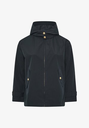 Veste noire à capuche avec boutons dorés en accent sur le col et les poches, fermeture éclair à l'avant et brides réglables aux poignets.
