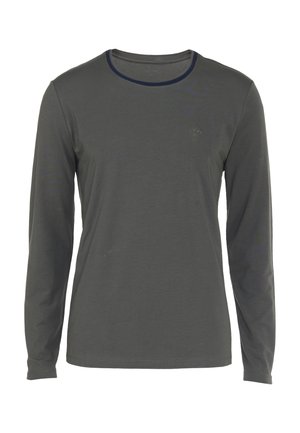 Long-sleeve shirt in dark gray fabric, featuring a round neckline with a navy trim and a small logo detail on the chest.