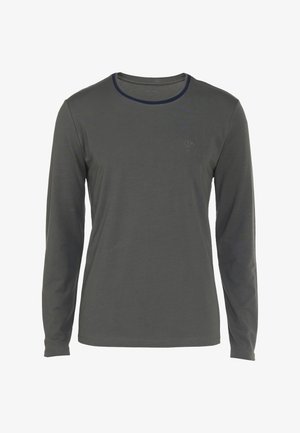 Long-sleeve shirt in dark gray fabric, featuring a round neckline with a navy trim and a small logo detail on the chest.