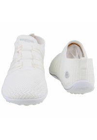 White breathable mesh slip-on shoes with elastic laces, textured sole, and rear pull tab. Features logo on tongue and heel.