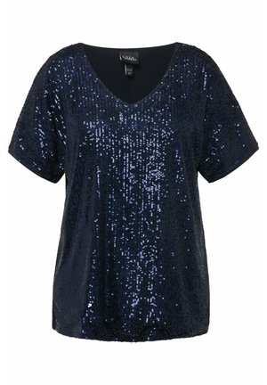 Top de lentejuelas azul marino con escote en V y mangas cortas; cuenta con una superficie texturizada creada por lentejuelas dispuestas densamente para un efecto brillante.