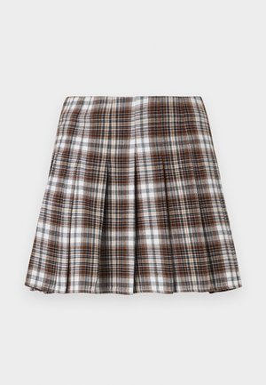 Brown and white plaid pleated skirt with a structured design and crisp texture, featuring a high waist and multiple vertical folds.