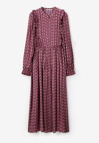Robe violette à manches longues avec un motif floral, accents en volants le long des épaules, taille élastique et jupe plissée. Tissu léger.