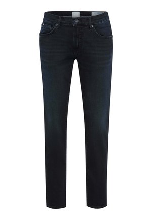 Dunkelblaue Denim-Jeans mit engem Schnitt, mittelhoher Taille, klassischem Fünf-Taschen-Design und dezentem Nähdetail.