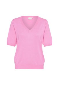 Maglione a maniche corte a maglia di un rosa chiaro con scollo a V e polsini e orlo a coste, presentato su uno sfondo bianco.