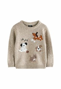 Pull en tricot beige avec quatre motifs de chiens ludiques dans différentes couleurs. Col rond, poignets et ourlet côtelés. Le texte indique "jouons!"